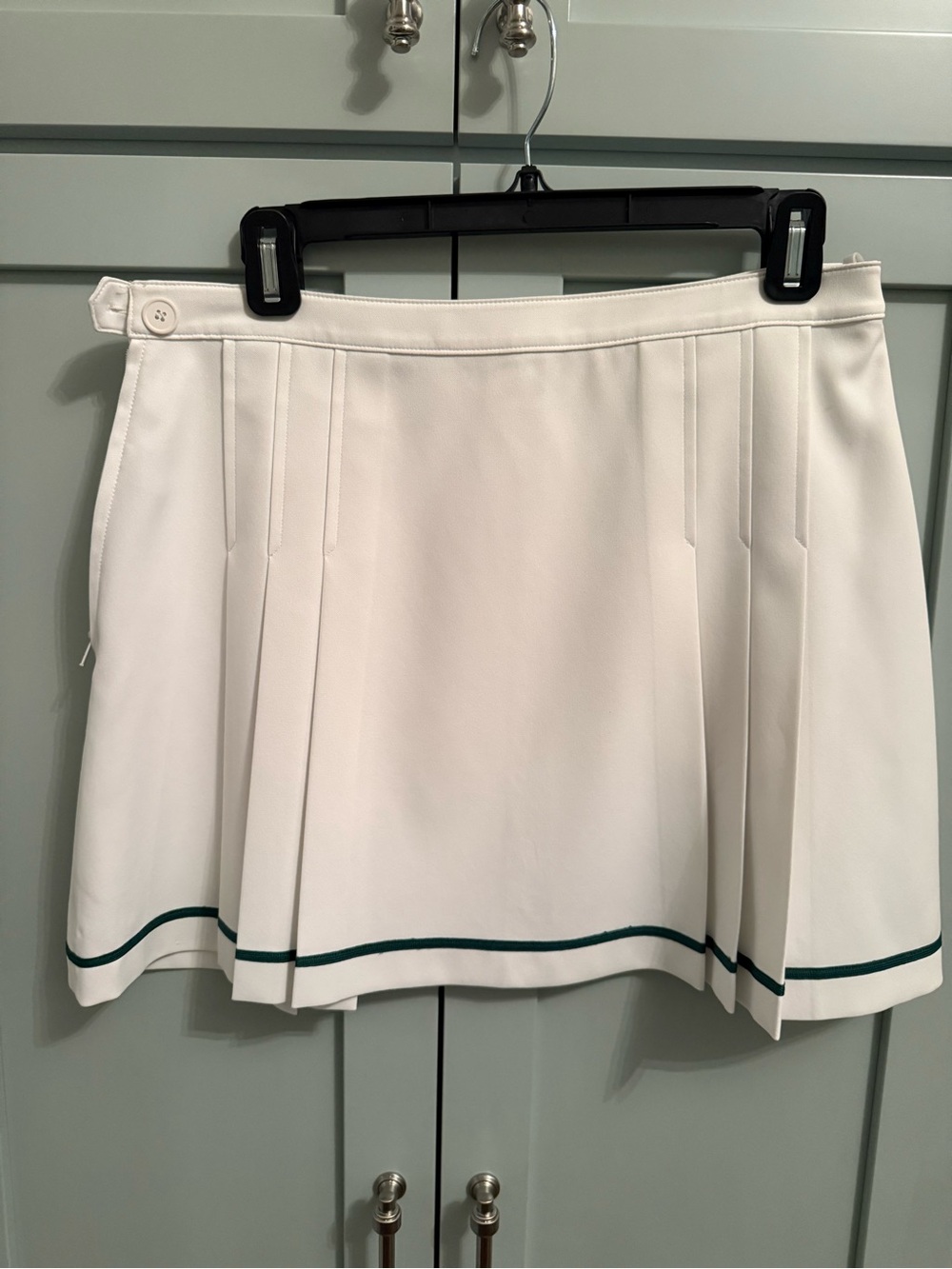 Tory Sport White Pleated Skater Skirt with Green Hem Trim